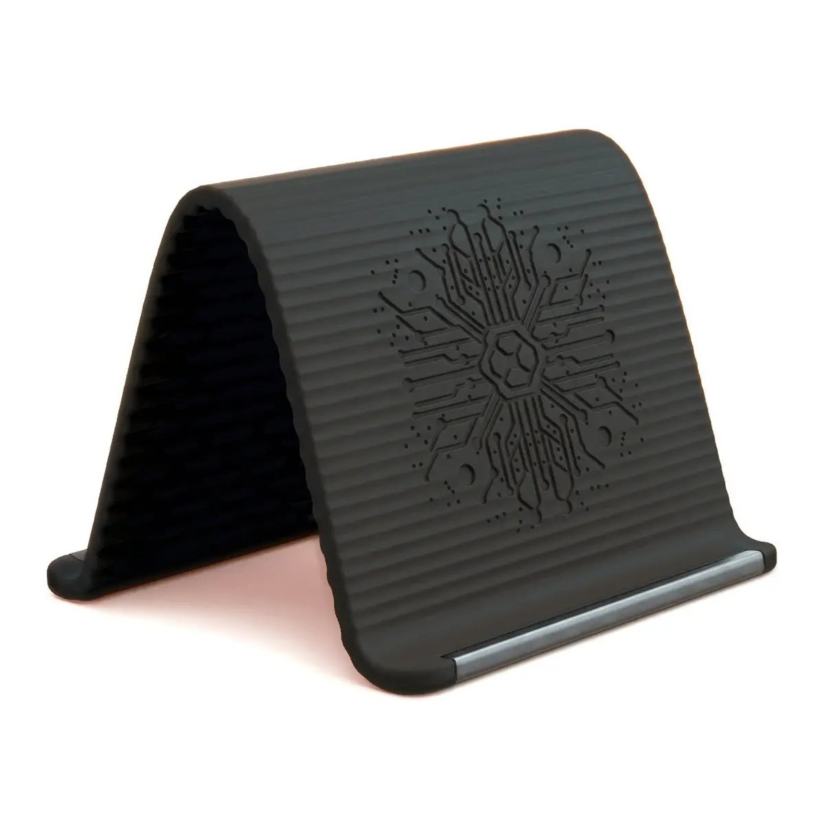 A flexible phone holder made of memory metal and silicone—bendable, rollable, and foldable.