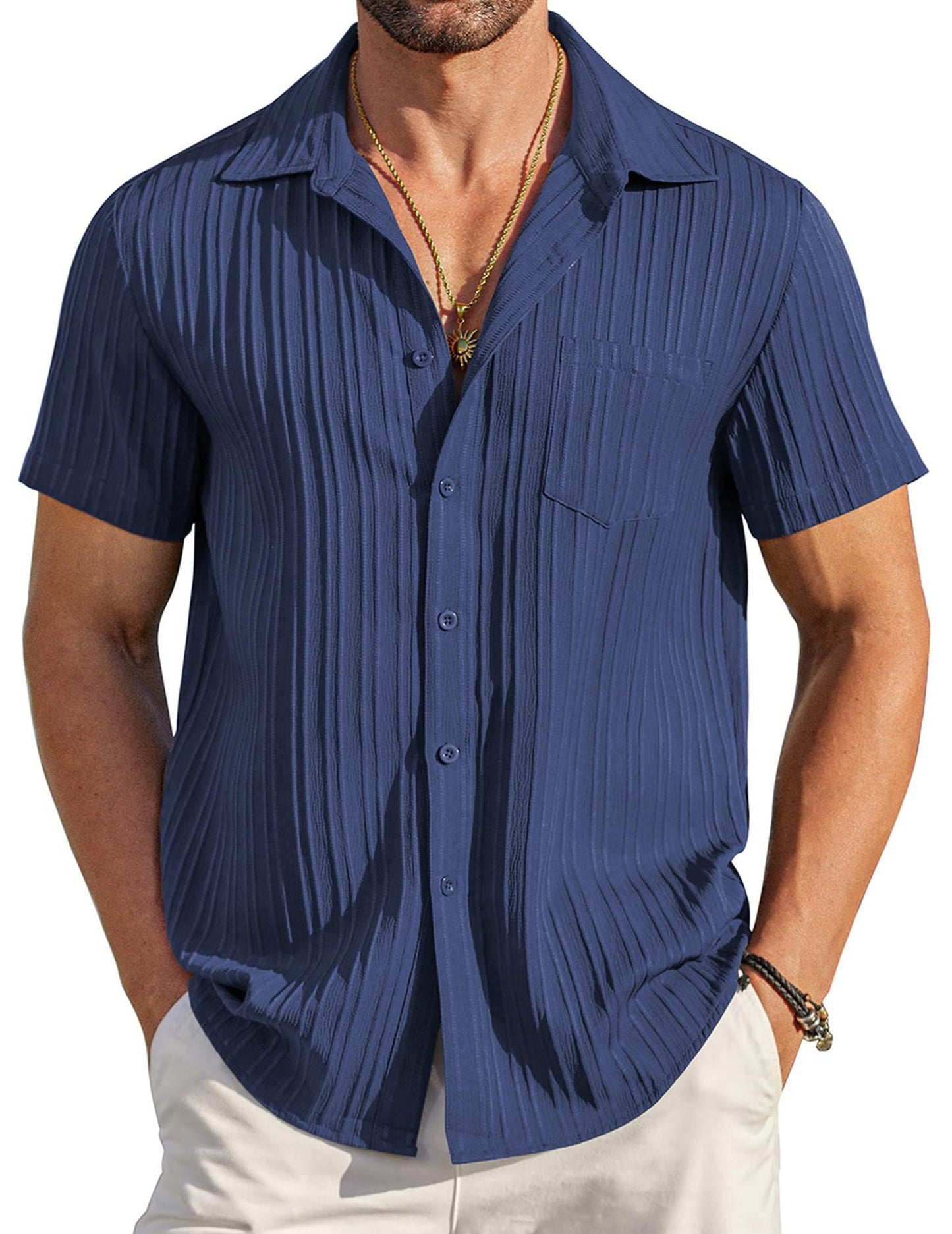 💥 Men's casual shirt with button closure, short sleeves, structured surface, summer and beach shirt with chest pocket