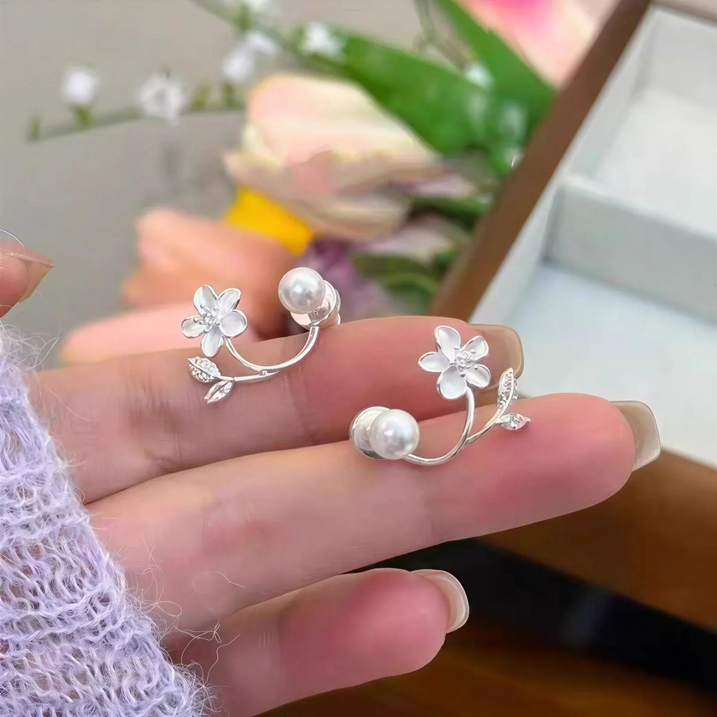 🎀Ethereal Blossom Earrings: Sterling silver earrings with flowers and pearls for women