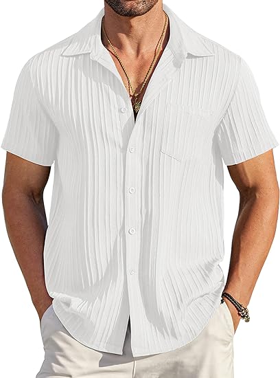 💥 Men's casual shirt with button closure, short sleeves, structured surface, summer and beach shirt with chest pocket