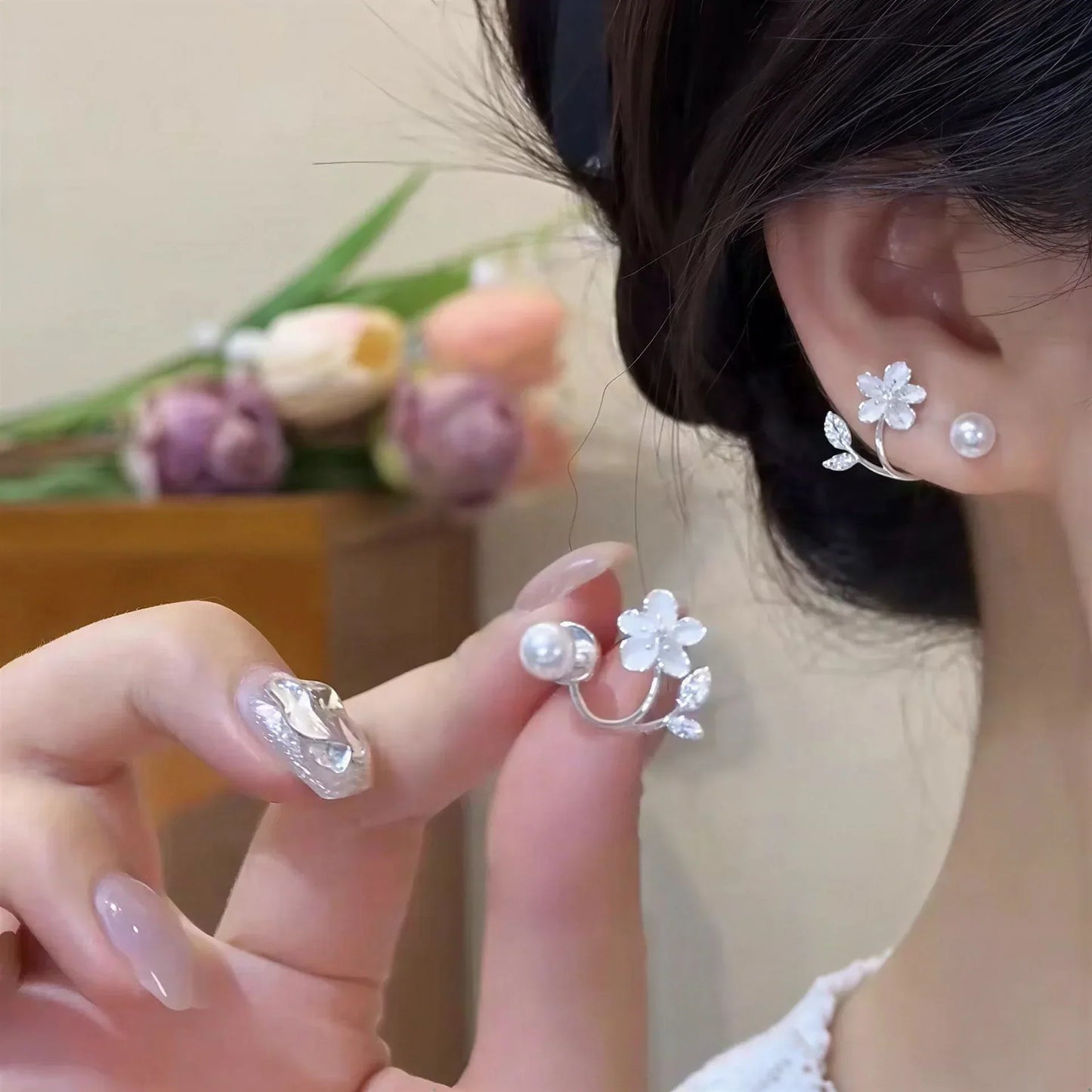 🎀Ethereal Blossom Earrings: Sterling silver earrings with flowers and pearls for women
