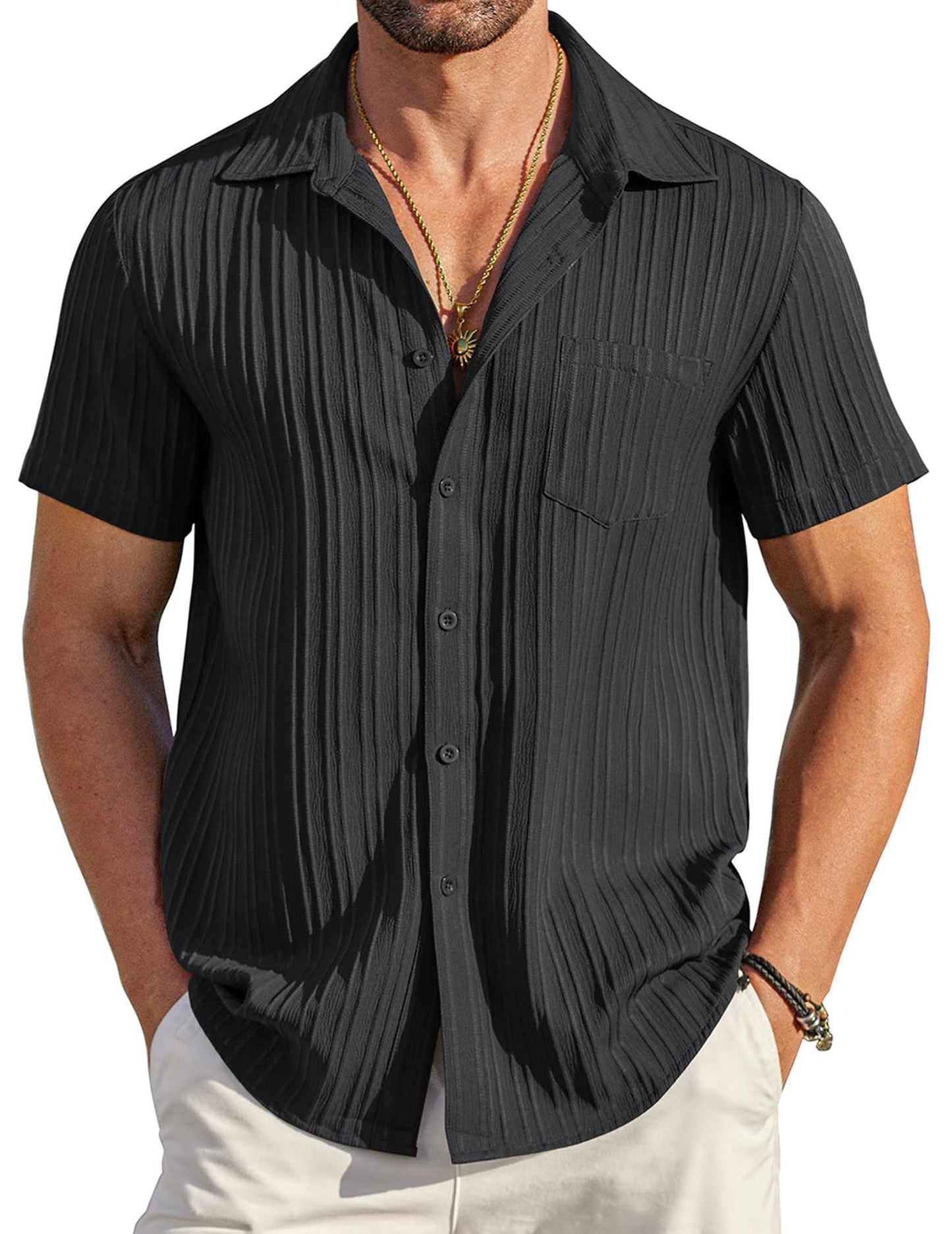💥 Men's casual shirt with button closure, short sleeves, structured surface, summer and beach shirt with chest pocket
