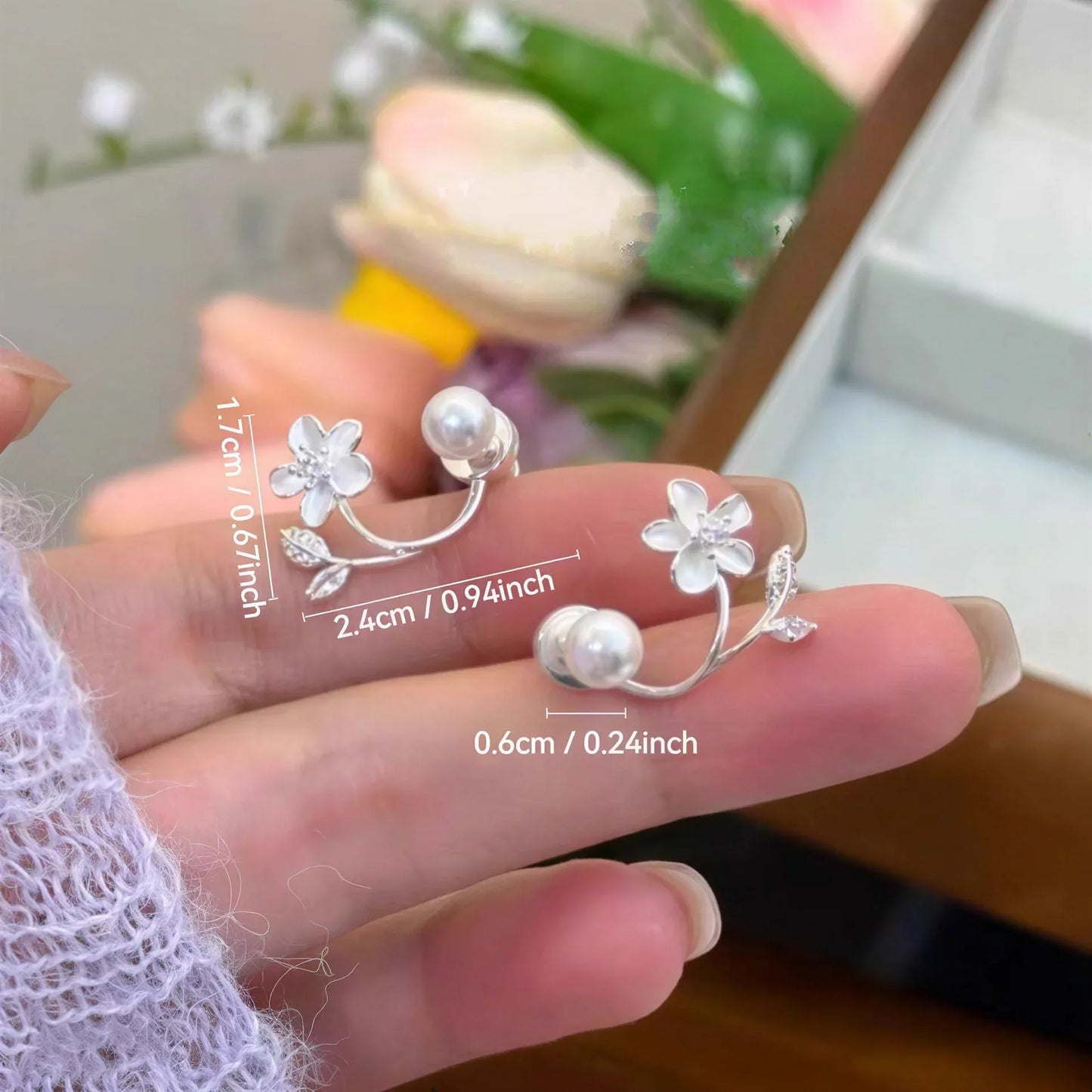🎀Ethereal Blossom Earrings: Sterling silver earrings with flowers and pearls for women