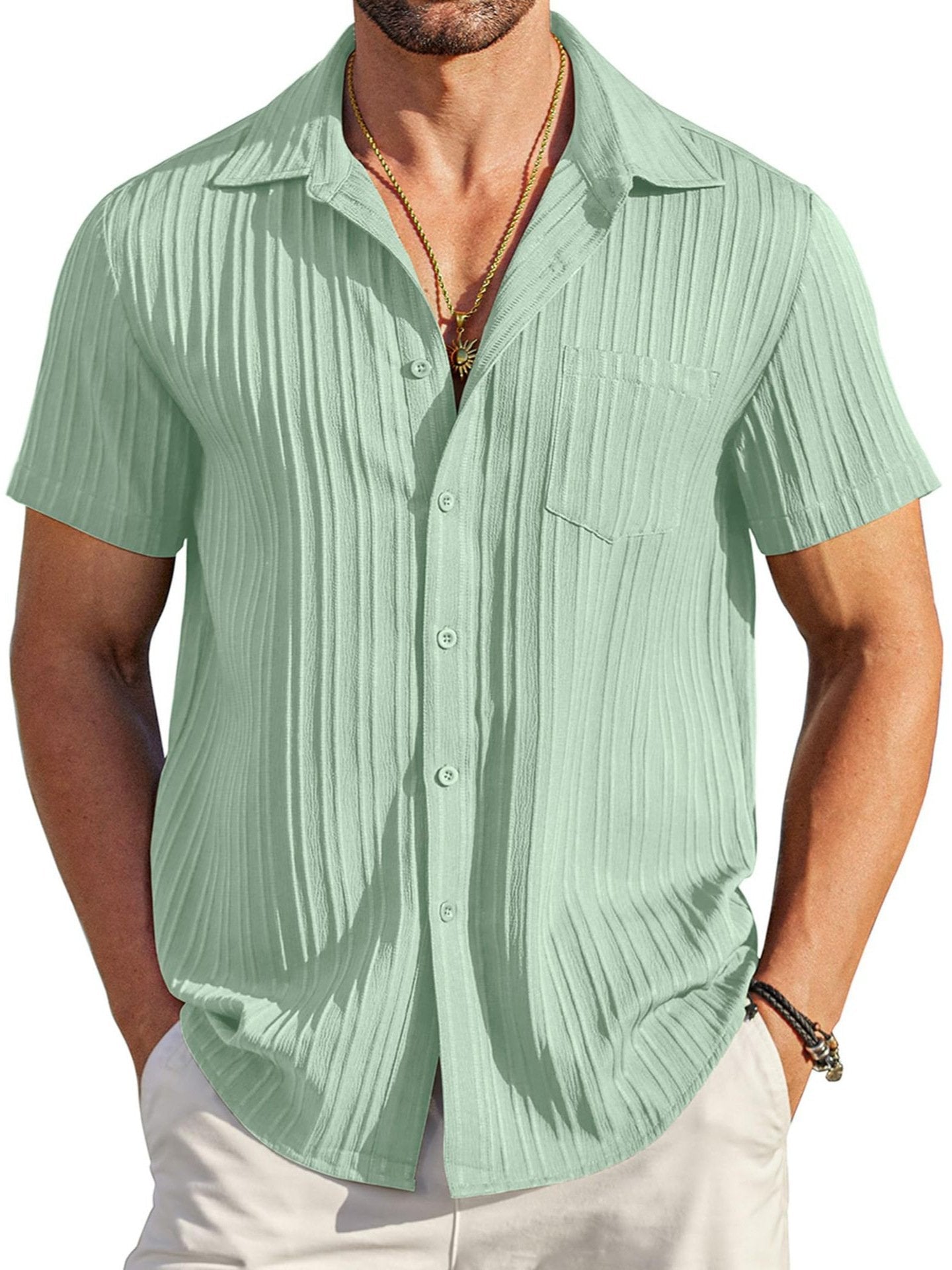 💥 Men's casual shirt with button closure, short sleeves, structured surface, summer and beach shirt with chest pocket