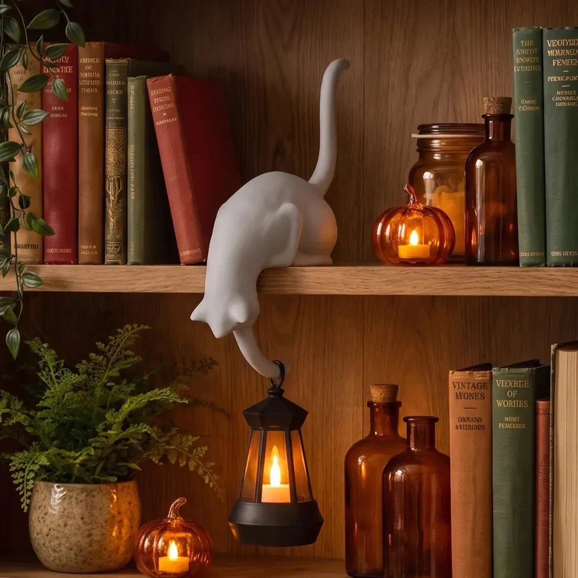 🐈‍This adorable cat figurine with LED lights can be placed on a bookshelf—it serves as both a cute bookshelf decoration and a practical keychain.