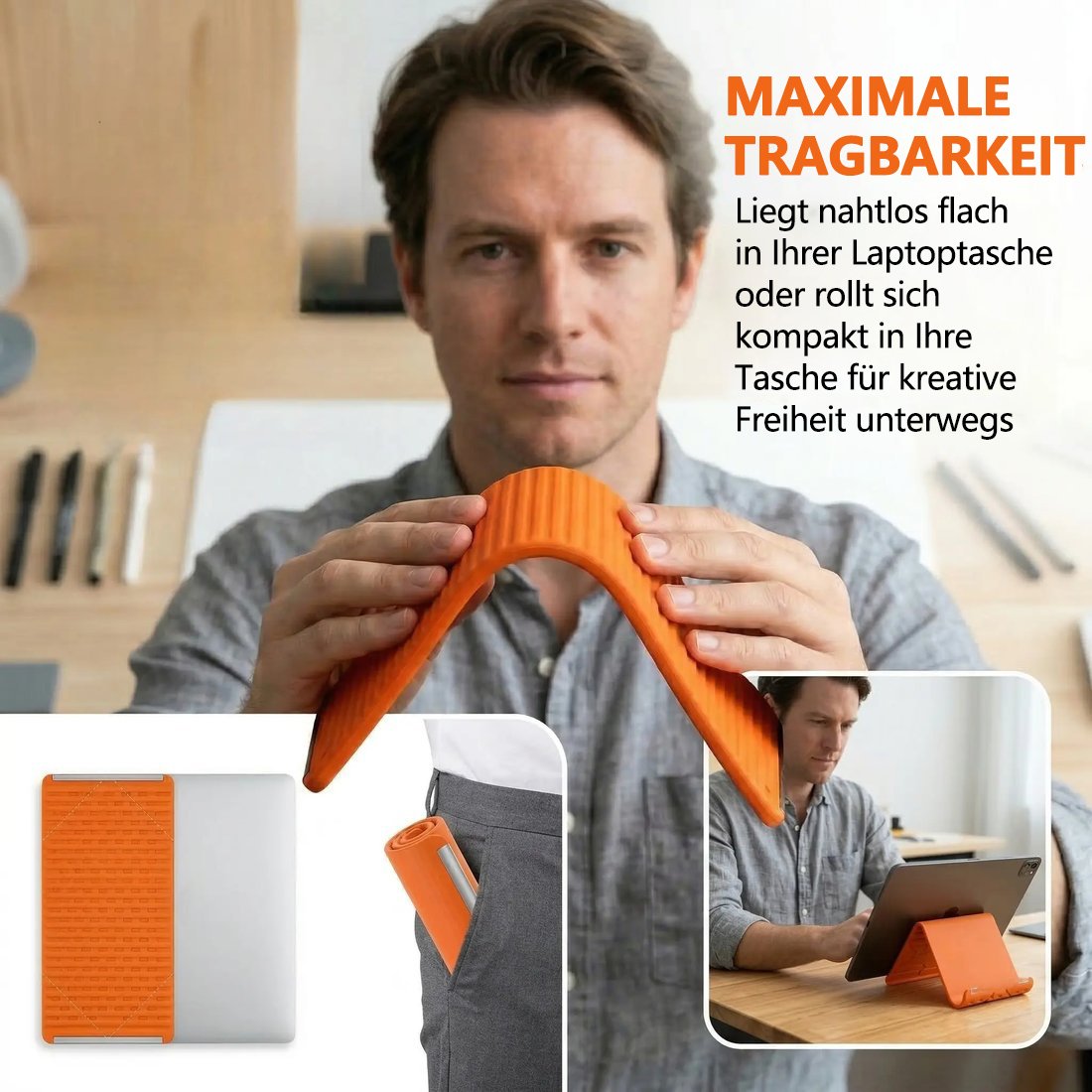 A flexible phone holder made of memory metal and silicone—bendable, rollable, and foldable.