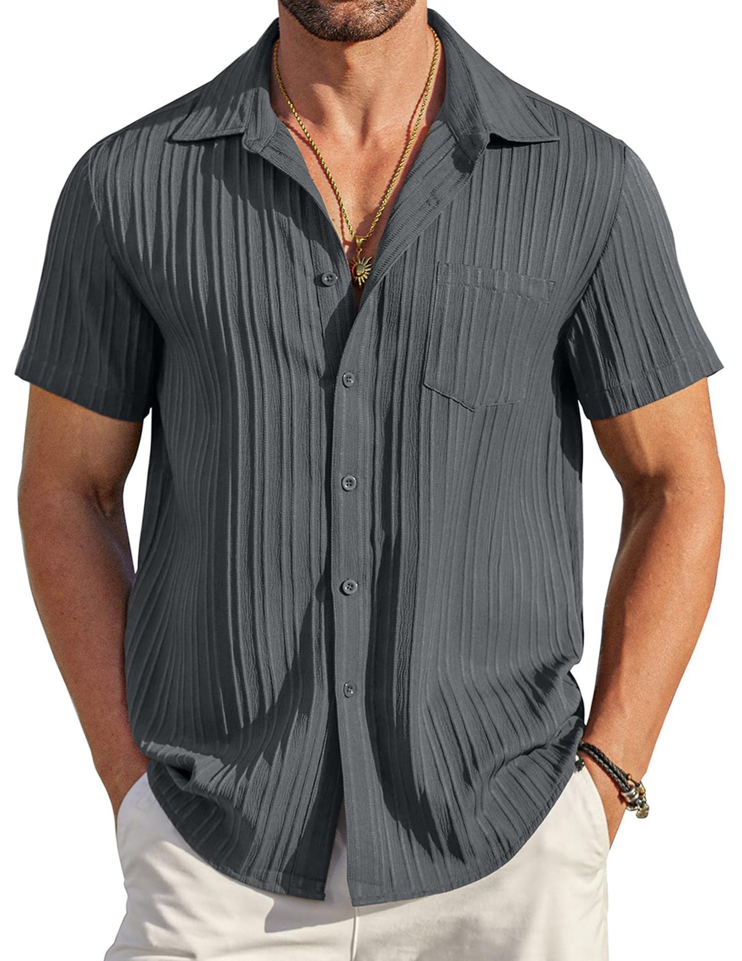 💥 Men's casual shirt with button closure, short sleeves, structured surface, summer and beach shirt with chest pocket