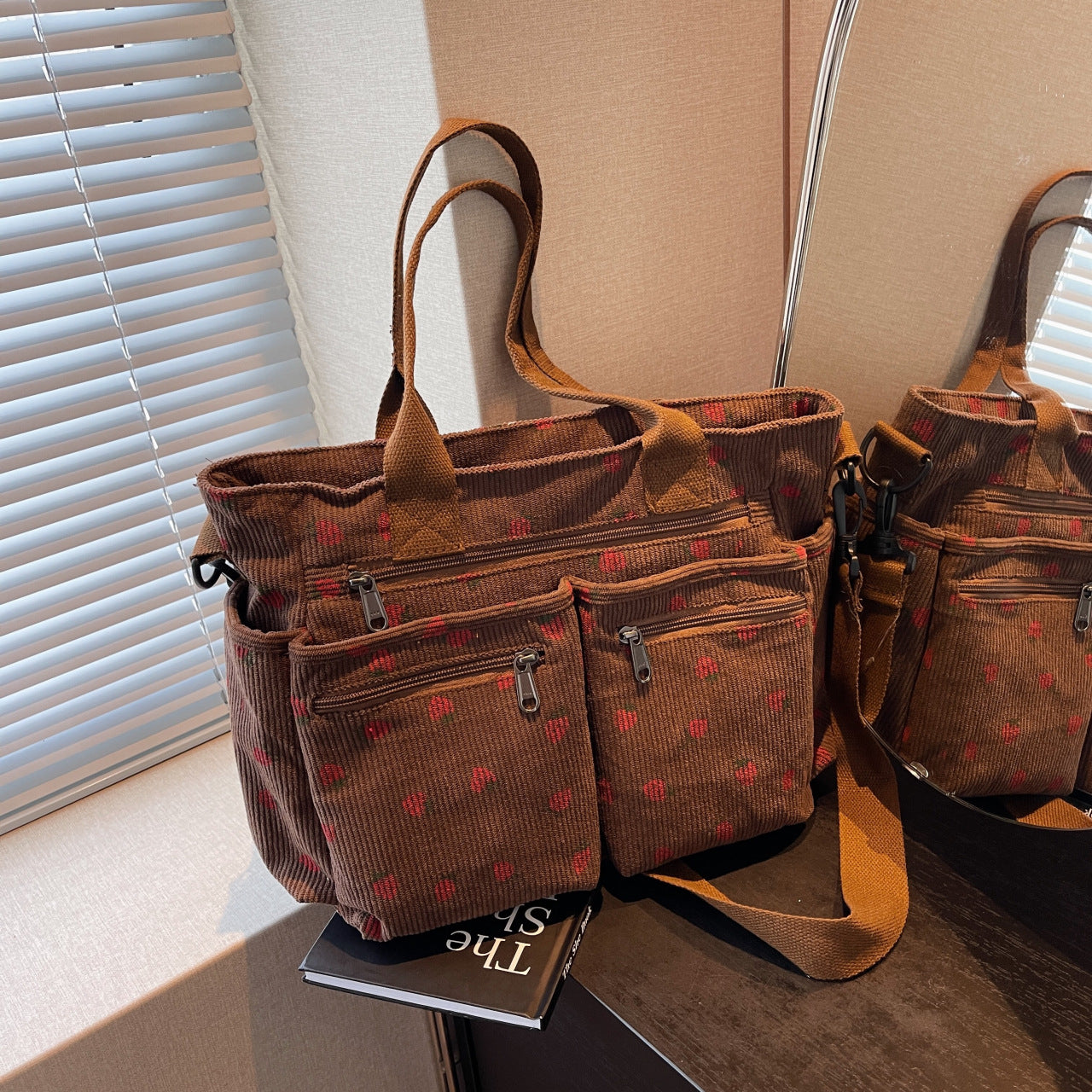 🤎Retro shoulder bag – corduroy tote bag with multiple compartments, large capacity, simple shoulder/crossbody bag for everyday us