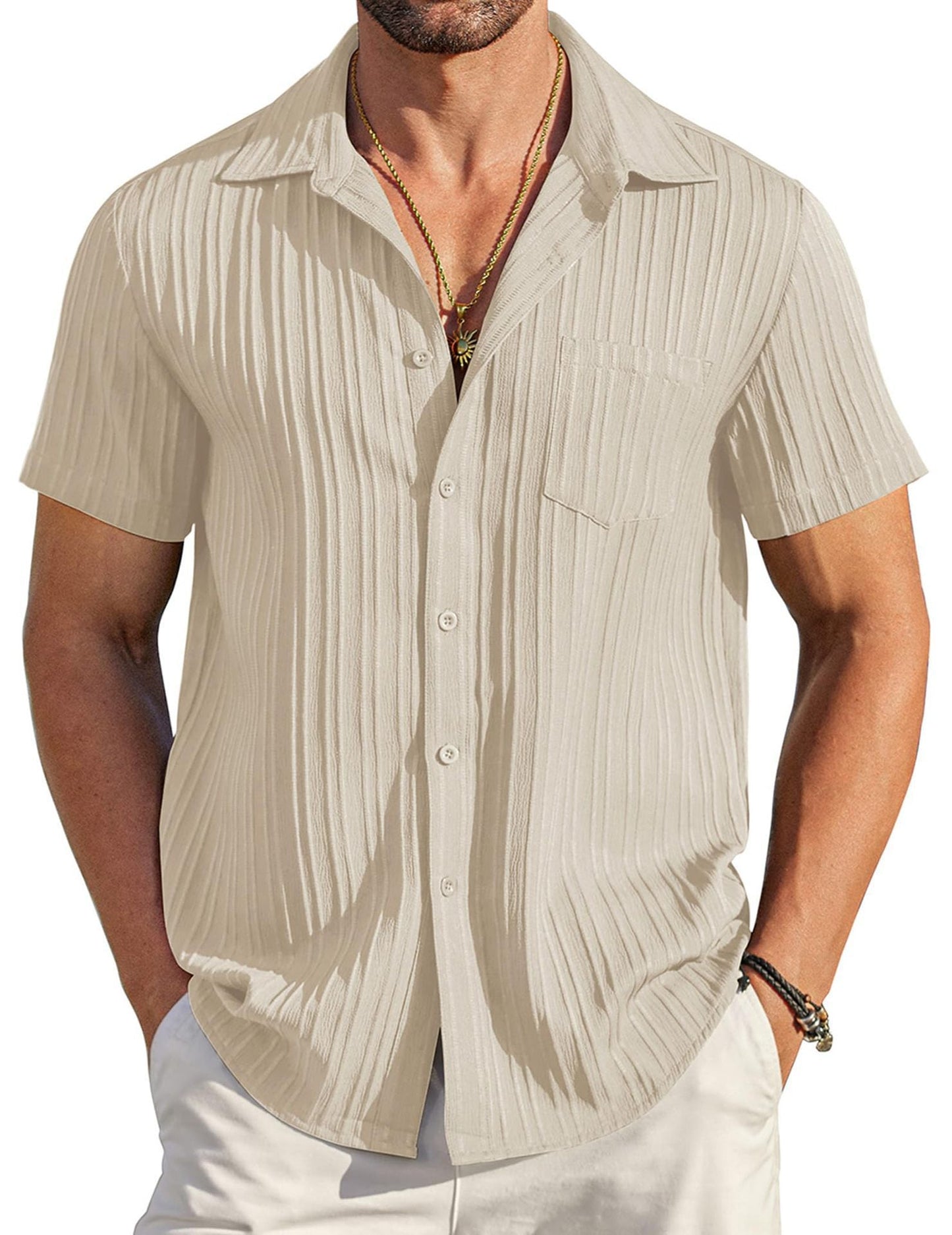 💥 Men's casual shirt with button closure, short sleeves, structured surface, summer and beach shirt with chest pocket