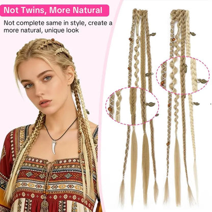 🌿🎨 Boho-flettede clip-in-fletter med perler – Enkel forvandling av frisyren til festivaler og hverdagsbruk (✨2 stk.)