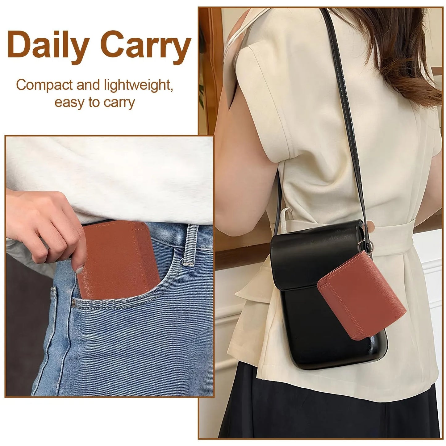 👜A retro-style wallet, palm-sized, that can hold multiple cards and features a hidden pocket.