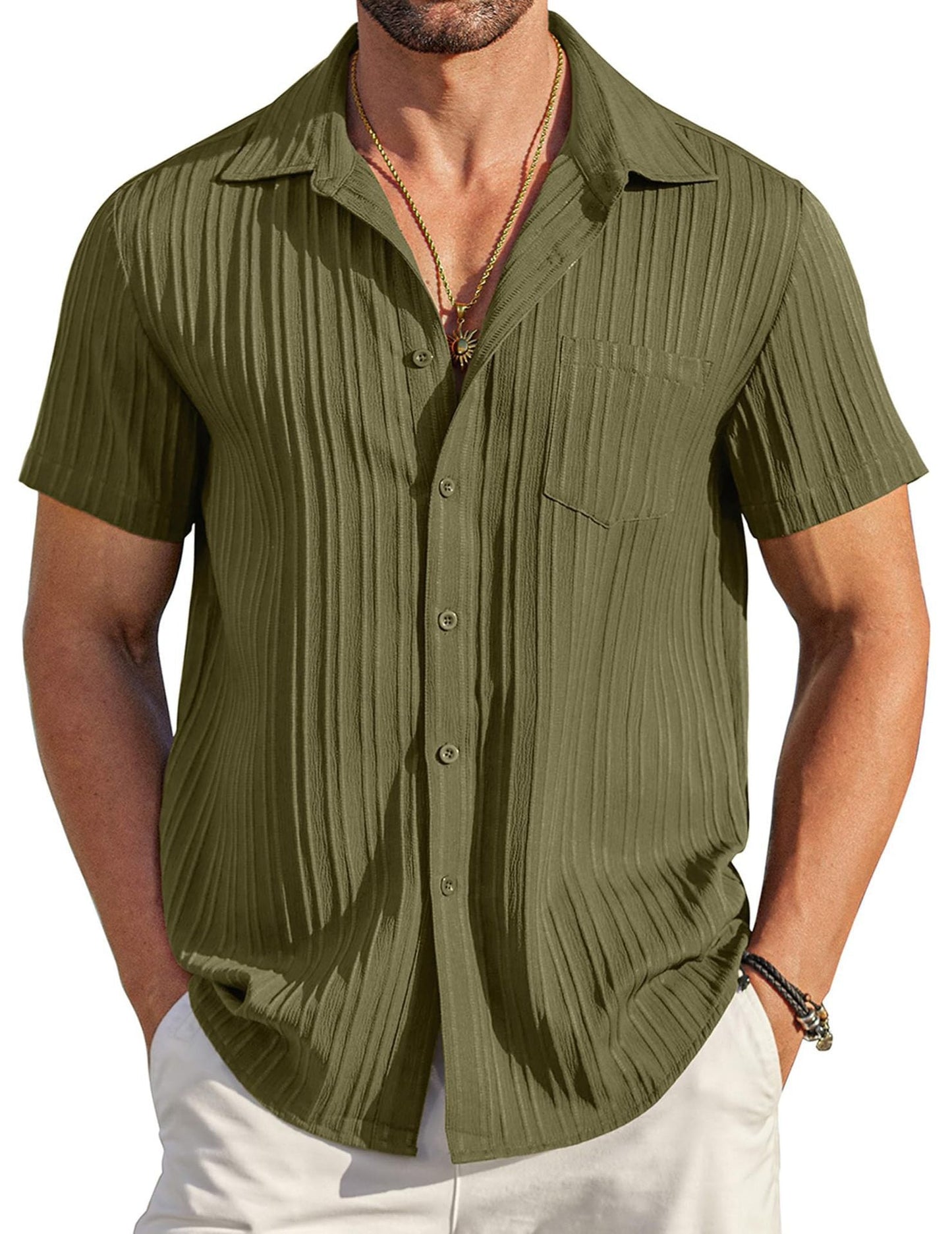 💥 Men's casual shirt with button closure, short sleeves, structured surface, summer and beach shirt with chest pocket