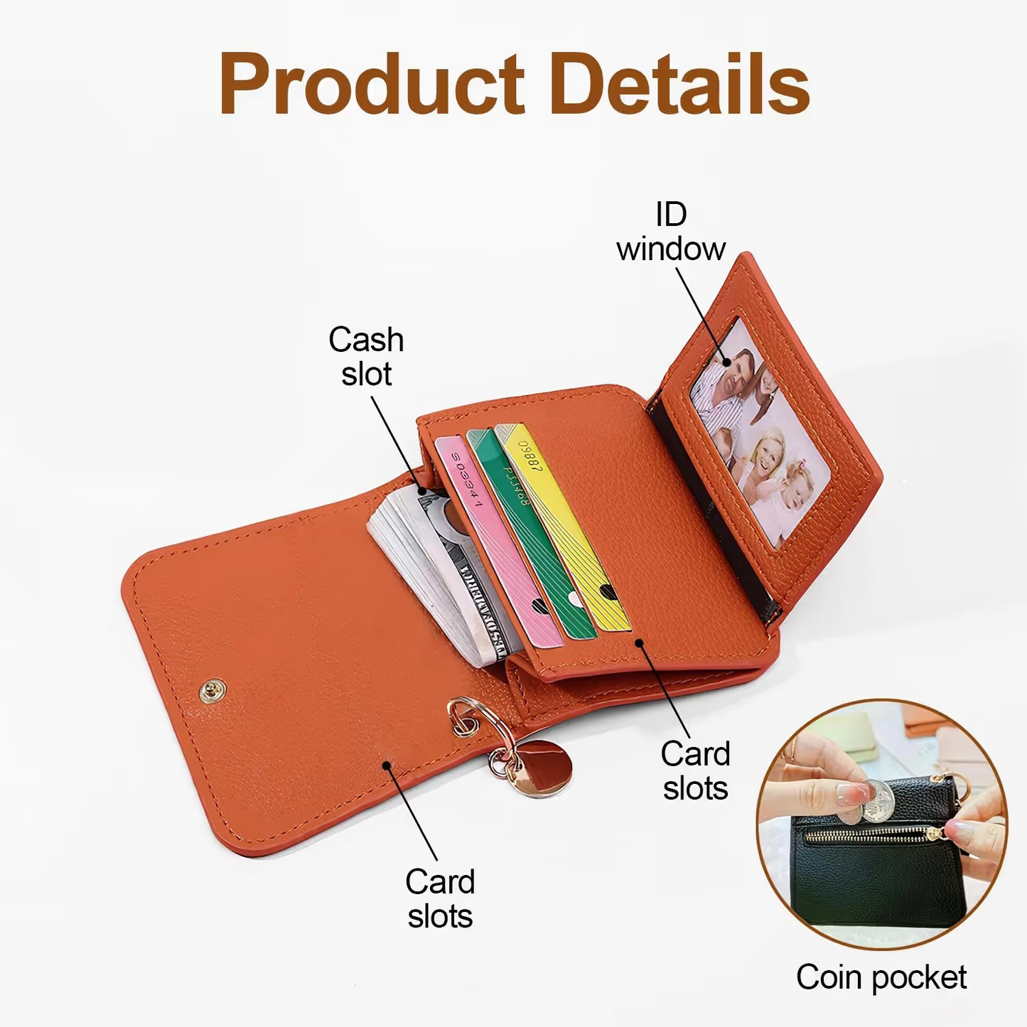 👜A retro-style wallet, palm-sized, that can hold multiple cards and features a hidden pocket.
