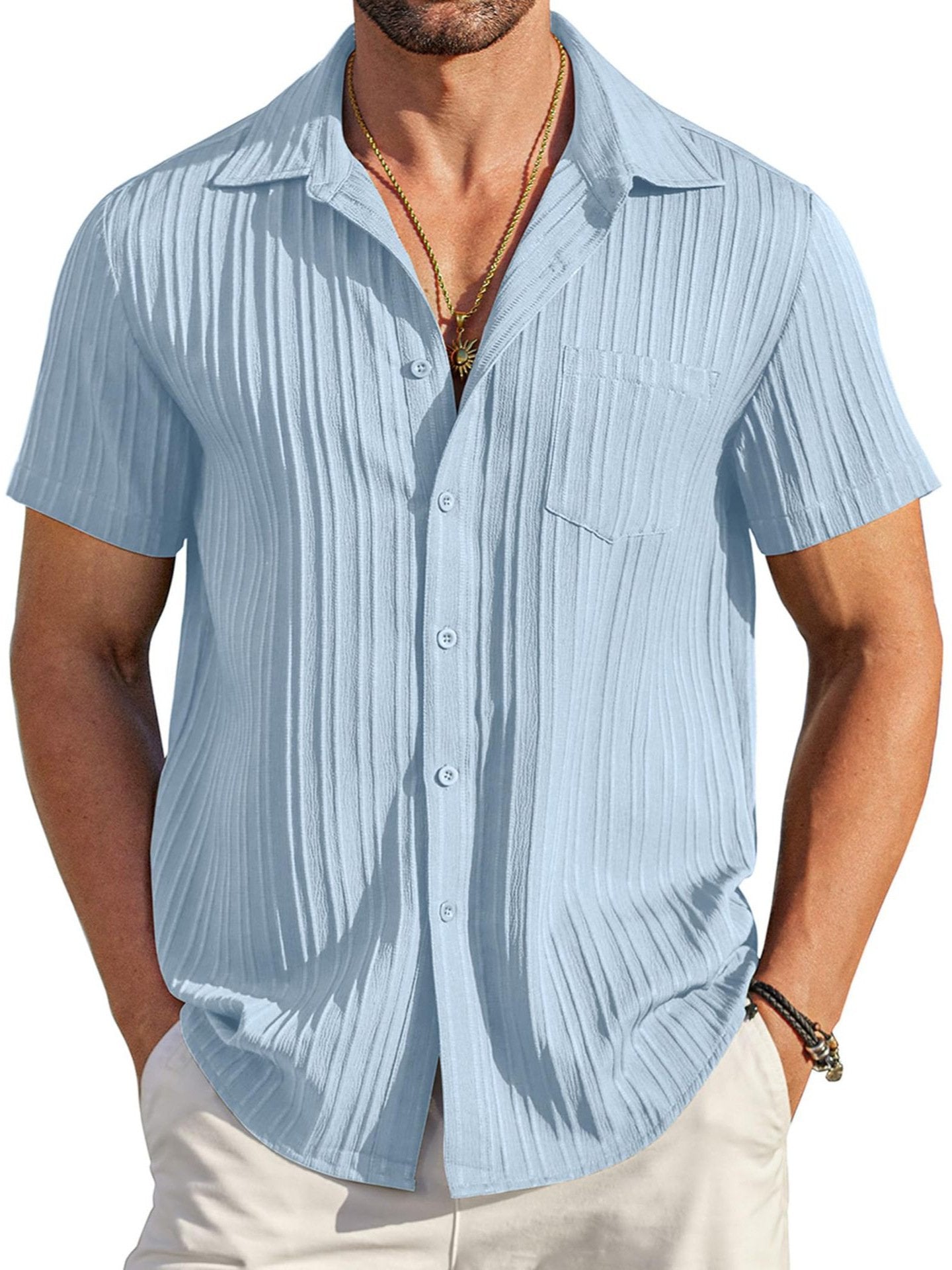 💥 Men's casual shirt with button closure, short sleeves, structured surface, summer and beach shirt with chest pocket