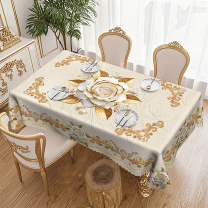 ✨Elegant European style with a touch of luxury - 🌹Waterproof gold-stamped rose tablecloth