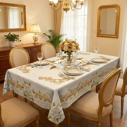✨Elegant European style with a touch of luxury - 🌹Waterproof gold-stamped rose tablecloth