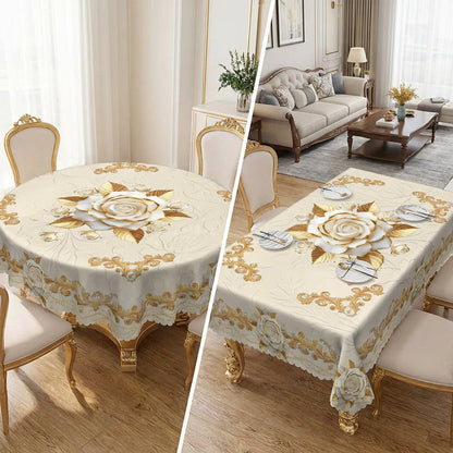 ✨Elegant European style with a touch of luxury - 🌹Waterproof gold-stamped rose tablecloth