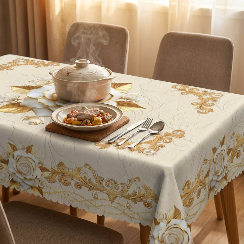 ✨Elegant European style with a touch of luxury - 🌹Waterproof gold-stamped rose tablecloth