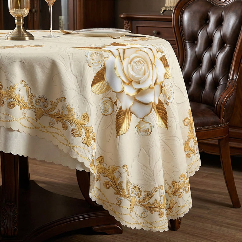✨Elegant European style with a touch of luxury - 🌹Waterproof gold-stamped rose tablecloth