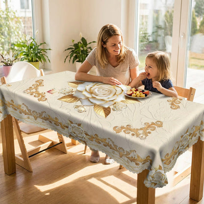 ✨Elegant European style with a touch of luxury - 🌹Waterproof gold-stamped rose tablecloth