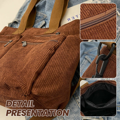 🤎Retro shoulder bag – corduroy tote bag with multiple compartments, large capacity, simple shoulder/crossbody bag for everyday us