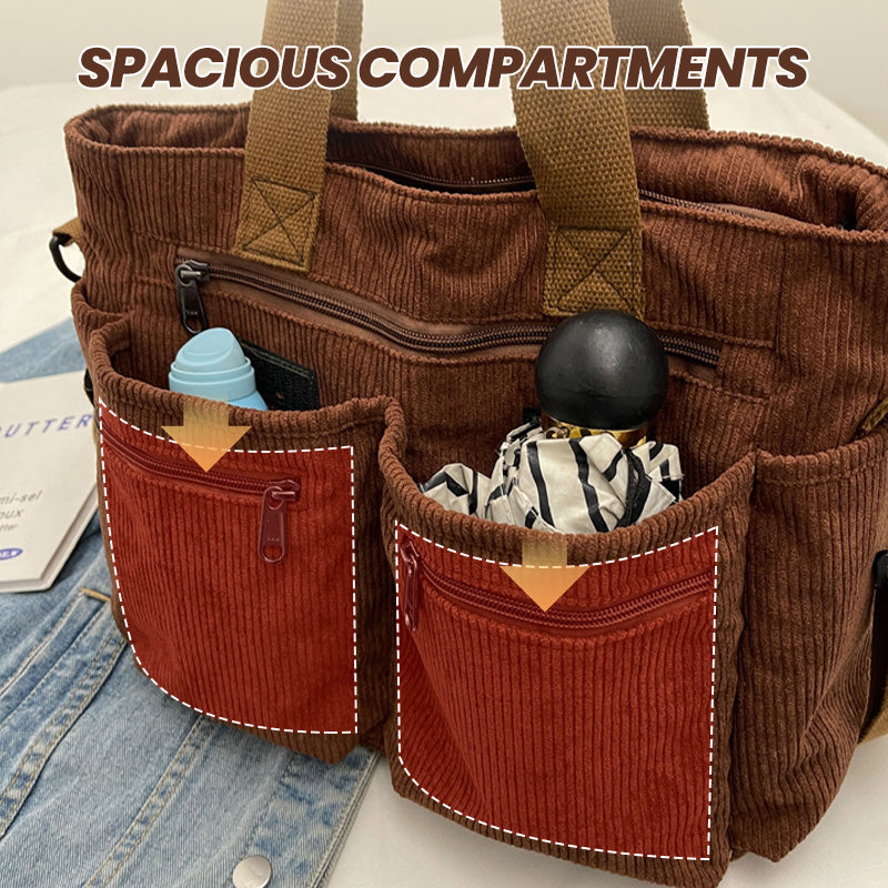 🤎Retro shoulder bag – corduroy tote bag with multiple compartments, large capacity, simple shoulder/crossbody bag for everyday us