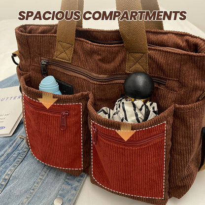 🤎Retro shoulder bag – corduroy tote bag with multiple compartments, large capacity, simple shoulder/crossbody bag for everyday us