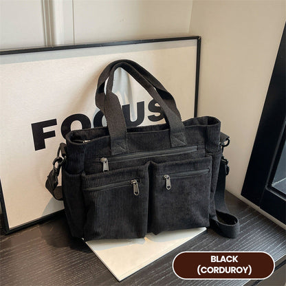 🤎Retro shoulder bag – corduroy tote bag with multiple compartments, large capacity, simple shoulder/crossbody bag for everyday us