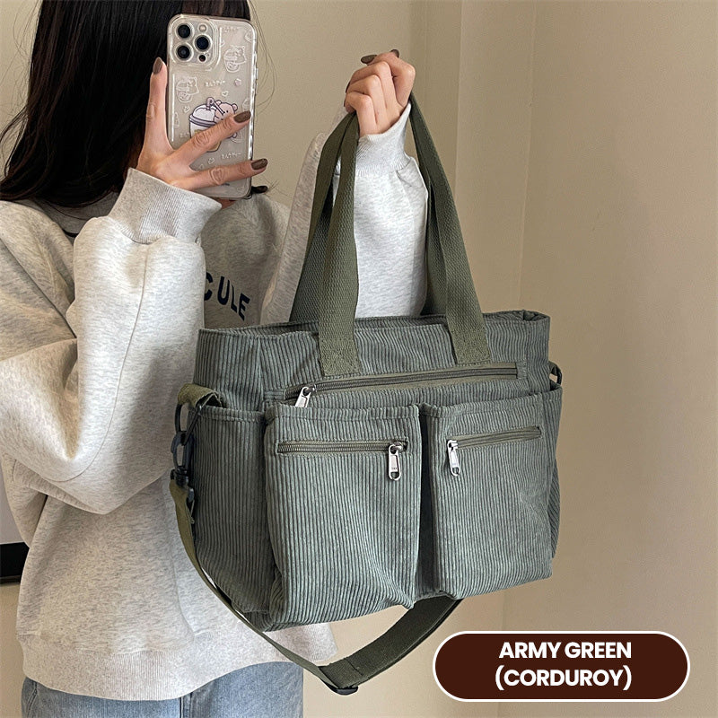 🤎Retro shoulder bag – corduroy tote bag with multiple compartments, large capacity, simple shoulder/crossbody bag for everyday us