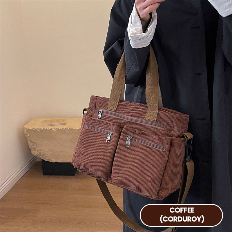 🤎Retro shoulder bag – corduroy tote bag with multiple compartments, large capacity, simple shoulder/crossbody bag for everyday us