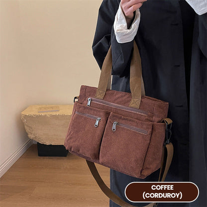 🤎Retro shoulder bag – corduroy tote bag with multiple compartments, large capacity, simple shoulder/crossbody bag for everyday us